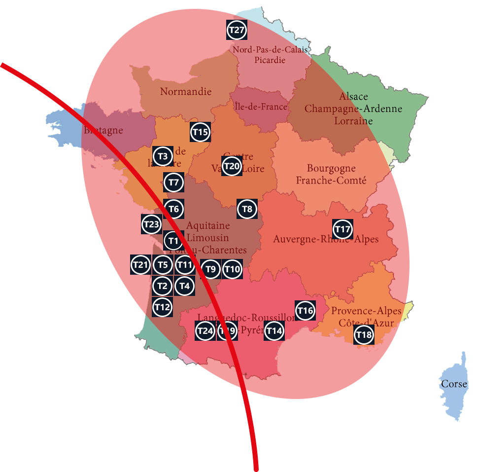 carte des témoignage de la météorite chizé de mars meteorite-mars.com